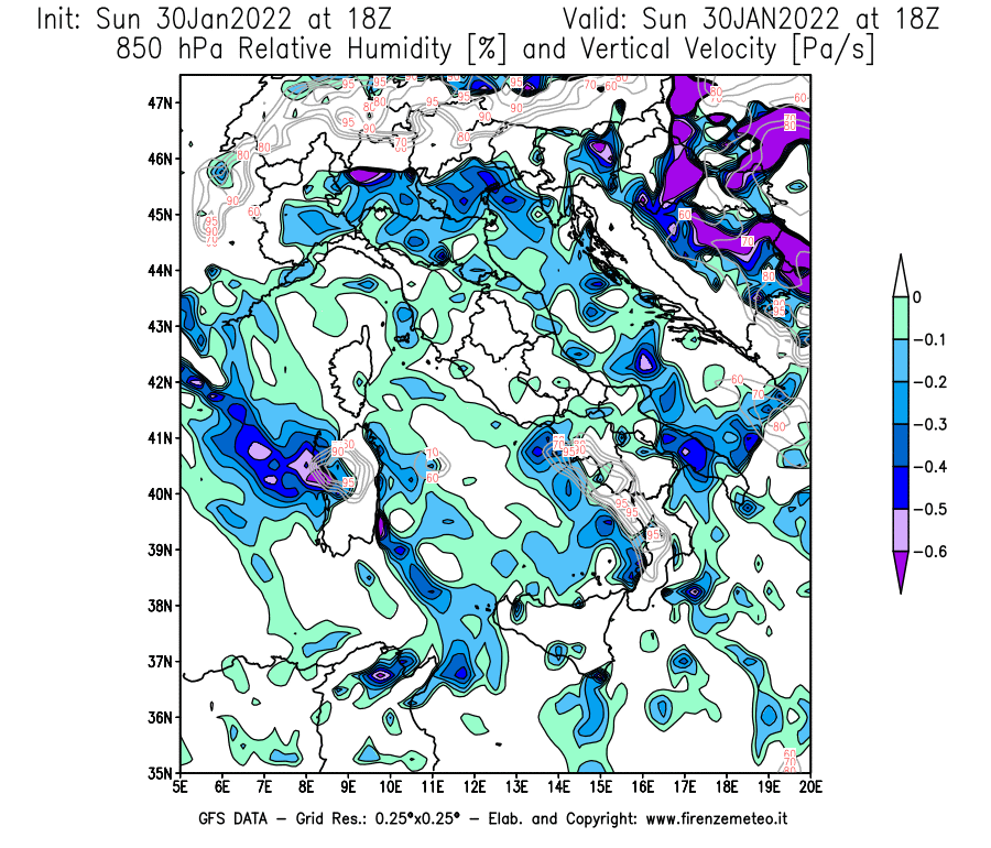Mappa di analisi GFS - Umidità relativa [%] e Omega [Pa/s] a 850 hPa in Italia
							del 30/01/2022 18 <!--googleoff: index-->UTC<!--googleon: index-->