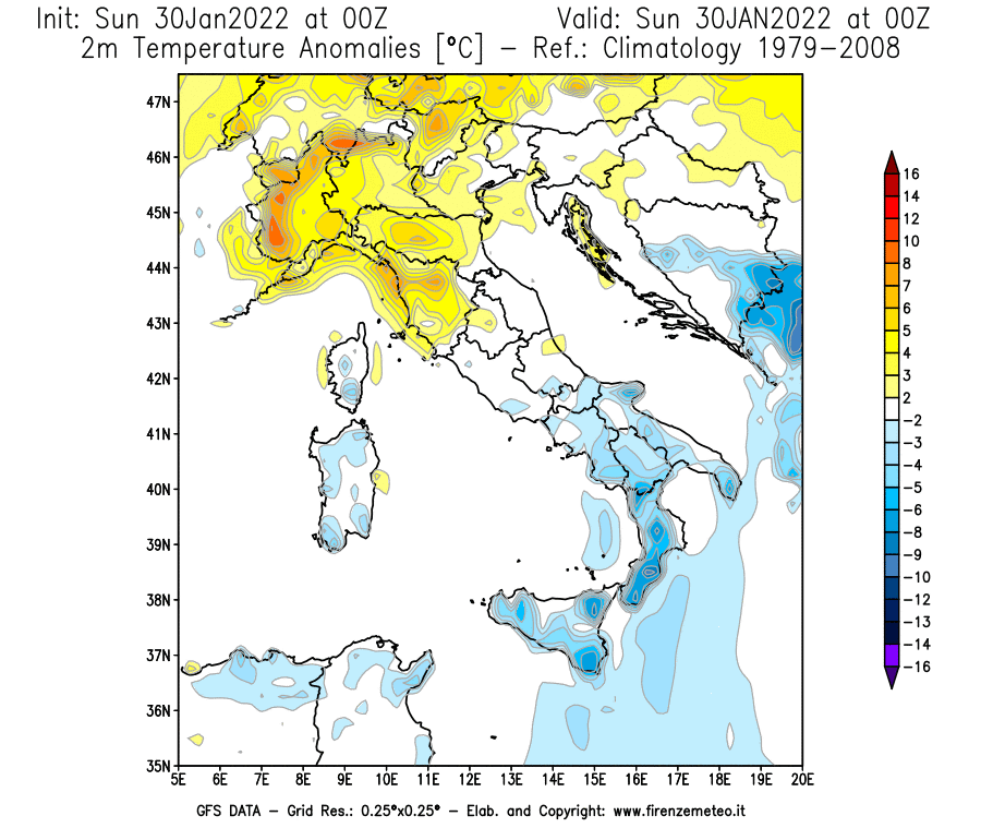 Mappa di analisi GFS - Anomalia Temperatura [°C] a 2 m in Italia
							del 30/01/2022 00 <!--googleoff: index-->UTC<!--googleon: index-->