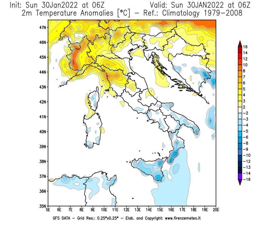 Mappa di analisi GFS - Anomalia Temperatura [°C] a 2 m in Italia
							del 30/01/2022 06 <!--googleoff: index-->UTC<!--googleon: index-->