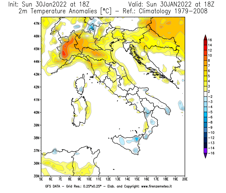 Mappa di analisi GFS - Anomalia Temperatura [°C] a 2 m in Italia
							del 30/01/2022 18 <!--googleoff: index-->UTC<!--googleon: index-->
