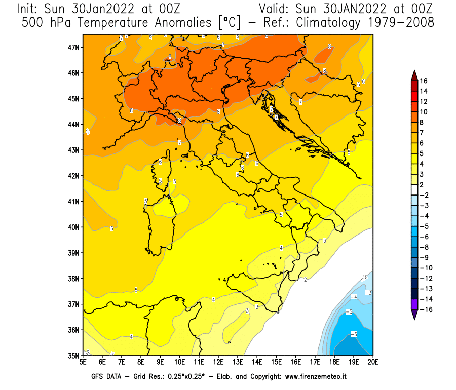 Mappa di analisi GFS - Anomalia Temperatura [°C] a 500 hPa in Italia
							del 30/01/2022 00 <!--googleoff: index-->UTC<!--googleon: index-->