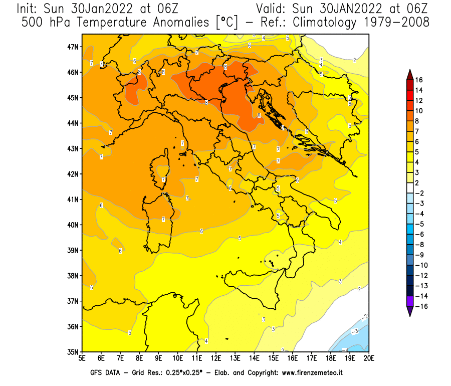 Mappa di analisi GFS - Anomalia Temperatura [°C] a 500 hPa in Italia
							del 30/01/2022 06 <!--googleoff: index-->UTC<!--googleon: index-->