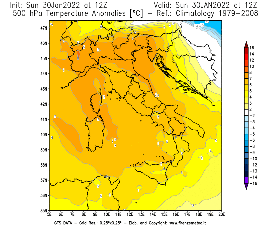 Mappa di analisi GFS - Anomalia Temperatura [°C] a 500 hPa in Italia
							del 30/01/2022 12 <!--googleoff: index-->UTC<!--googleon: index-->