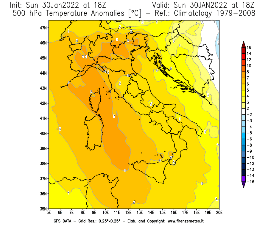 Mappa di analisi GFS - Anomalia Temperatura [°C] a 500 hPa in Italia
							del 30/01/2022 18 <!--googleoff: index-->UTC<!--googleon: index-->