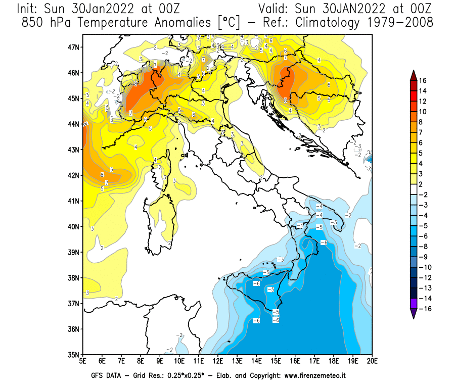 Mappa di analisi GFS - Anomalia Temperatura [°C] a 850 hPa in Italia
							del 30/01/2022 00 <!--googleoff: index-->UTC<!--googleon: index-->