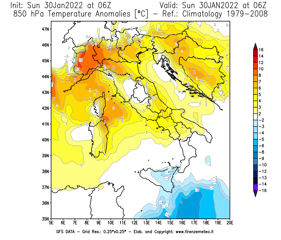 Mappa di analisi GFS - Anomalia Temperatura [°C] a 850 hPa in Italia
							del 30/01/2022 06 <!--googleoff: index-->UTC<!--googleon: index-->