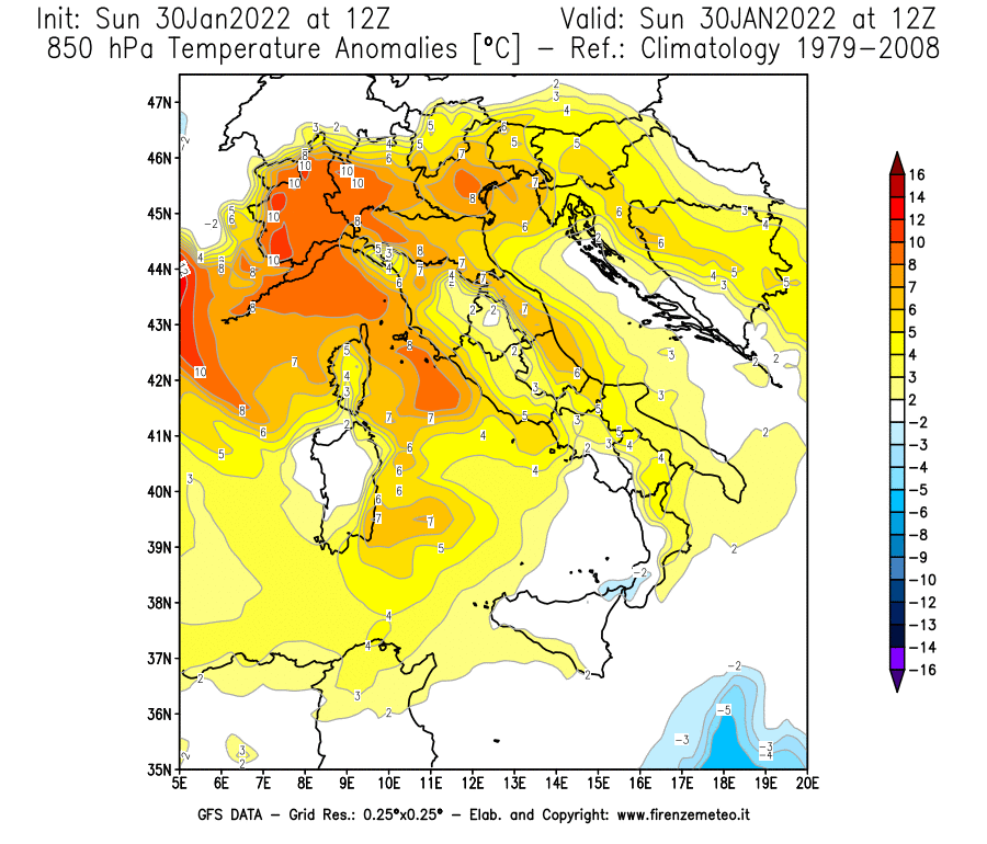 Mappa di analisi GFS - Anomalia Temperatura [°C] a 850 hPa in Italia
							del 30/01/2022 12 <!--googleoff: index-->UTC<!--googleon: index-->