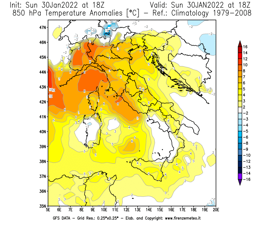 Mappa di analisi GFS - Anomalia Temperatura [°C] a 850 hPa in Italia
							del 30/01/2022 18 <!--googleoff: index-->UTC<!--googleon: index-->