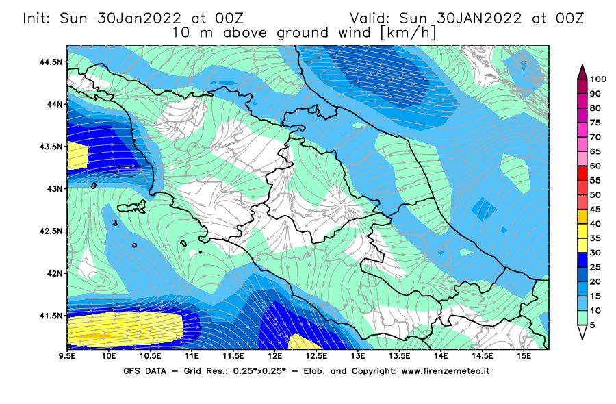 Mappa di analisi GFS - Velocità del vento a 10 metri dal suolo [km/h] in Centro-Italia
							del 30/01/2022 00 <!--googleoff: index-->UTC<!--googleon: index-->