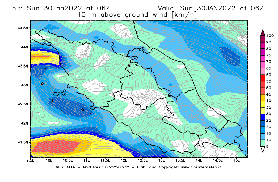Mappa di analisi GFS - Velocità del vento a 10 metri dal suolo [km/h] in Centro-Italia
							del 30/01/2022 06 <!--googleoff: index-->UTC<!--googleon: index-->