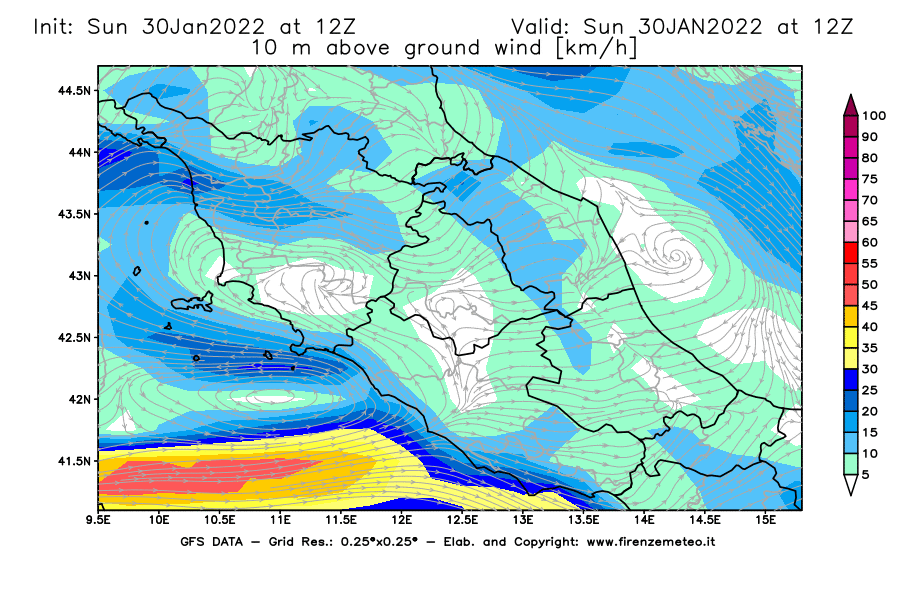 Mappa di analisi GFS - Velocità del vento a 10 metri dal suolo [km/h] in Centro-Italia
							del 30/01/2022 12 <!--googleoff: index-->UTC<!--googleon: index-->