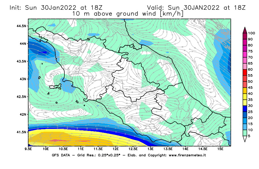 Mappa di analisi GFS - Velocità del vento a 10 metri dal suolo [km/h] in Centro-Italia
							del 30/01/2022 18 <!--googleoff: index-->UTC<!--googleon: index-->