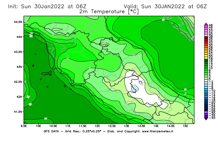 Mappa di analisi GFS - Temperatura a 2 metri dal suolo [°C] in Centro-Italia
							del 30/01/2022 06 <!--googleoff: index-->UTC<!--googleon: index-->