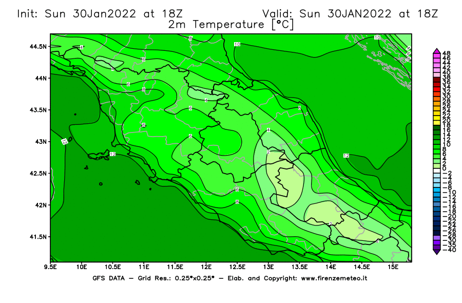 Mappa di analisi GFS - Temperatura a 2 metri dal suolo [°C] in Centro-Italia
							del 30/01/2022 18 <!--googleoff: index-->UTC<!--googleon: index-->