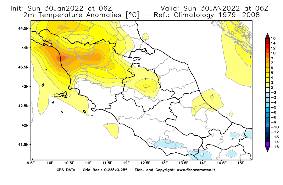 Mappa di analisi GFS - Anomalia Temperatura [°C] a 2 m in Centro-Italia
							del 30/01/2022 06 <!--googleoff: index-->UTC<!--googleon: index-->