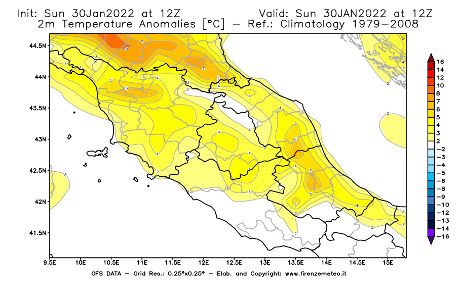 Mappa di analisi GFS - Anomalia Temperatura [°C] a 2 m in Centro-Italia
							del 30/01/2022 12 <!--googleoff: index-->UTC<!--googleon: index-->