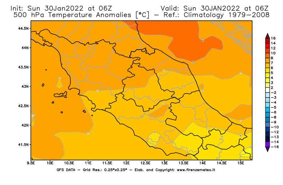 Mappa di analisi GFS - Anomalia Temperatura [°C] a 500 hPa in Centro-Italia
							del 30/01/2022 06 <!--googleoff: index-->UTC<!--googleon: index-->