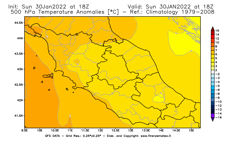 Mappa di analisi GFS - Anomalia Temperatura [°C] a 500 hPa in Centro-Italia
							del 30/01/2022 18 <!--googleoff: index-->UTC<!--googleon: index-->