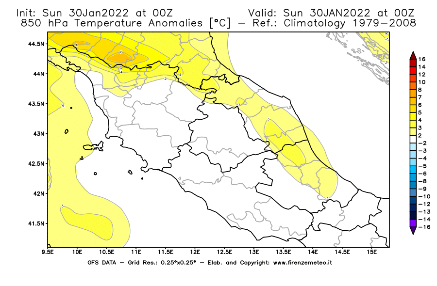 Mappa di analisi GFS - Anomalia Temperatura [°C] a 850 hPa in Centro-Italia
							del 30/01/2022 00 <!--googleoff: index-->UTC<!--googleon: index-->