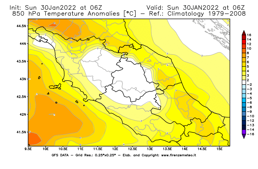 Mappa di analisi GFS - Anomalia Temperatura [°C] a 850 hPa in Centro-Italia
							del 30/01/2022 06 <!--googleoff: index-->UTC<!--googleon: index-->