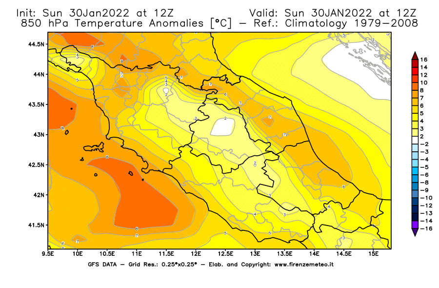 Mappa di analisi GFS - Anomalia Temperatura [°C] a 850 hPa in Centro-Italia
							del 30/01/2022 12 <!--googleoff: index-->UTC<!--googleon: index-->