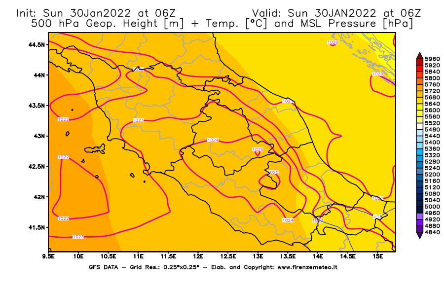 Mappa di analisi GFS - Geopotenziale [m] + Temp. [°C] a 500 hPa + Press. a livello del mare [hPa] in Centro-Italia
							del 30/01/2022 06 <!--googleoff: index-->UTC<!--googleon: index-->