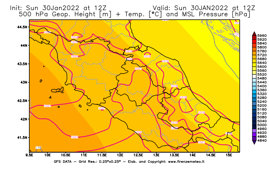 Mappa di analisi GFS - Geopotenziale [m] + Temp. [°C] a 500 hPa + Press. a livello del mare [hPa] in Centro-Italia
							del 30/01/2022 12 <!--googleoff: index-->UTC<!--googleon: index-->