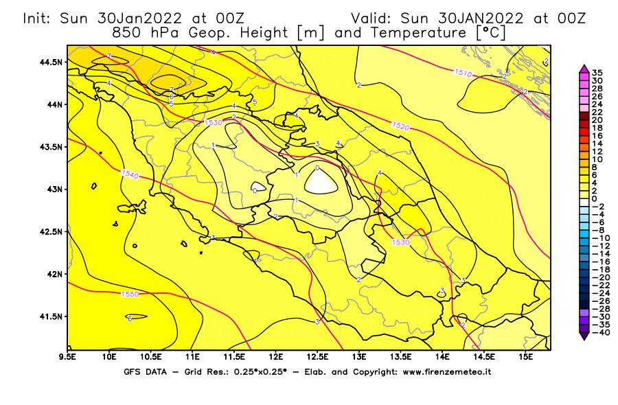 Mappa di analisi GFS - Geopotenziale [m] e Temperatura [°C] a 850 hPa in Centro-Italia
							del 30/01/2022 00 <!--googleoff: index-->UTC<!--googleon: index-->