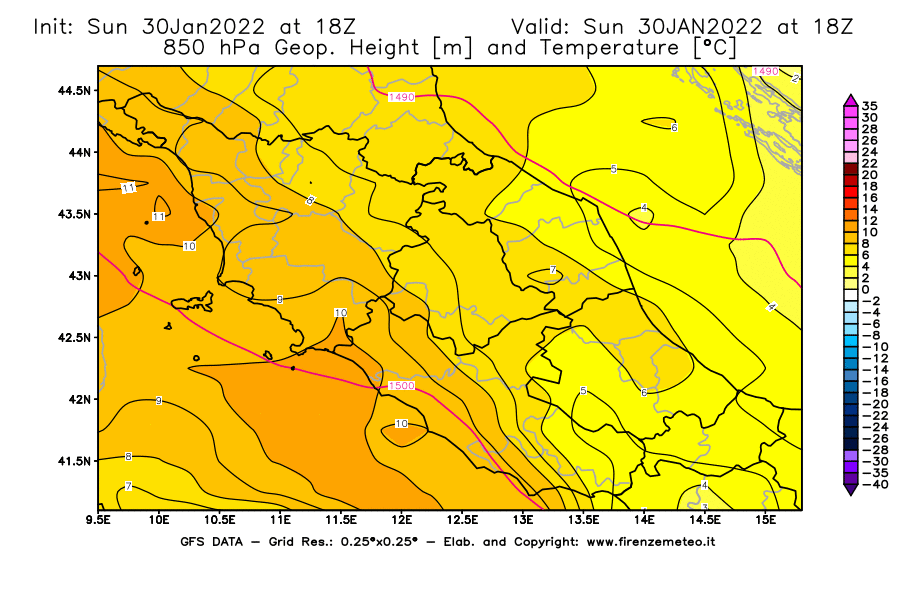 Mappa di analisi GFS - Geopotenziale [m] e Temperatura [°C] a 850 hPa in Centro-Italia
							del 30/01/2022 18 <!--googleoff: index-->UTC<!--googleon: index-->