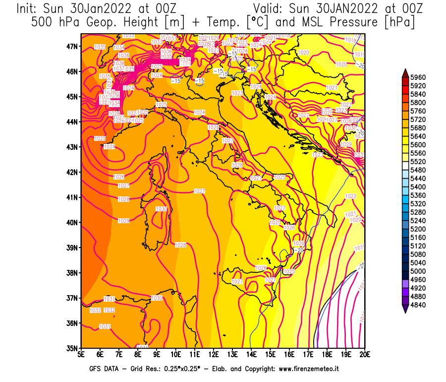 Mappa di analisi GFS - Geopotenziale [m] + Temp. [°C] a 500 hPa + Press. a livello del mare [hPa] in Italia
							del 30/01/2022 00 <!--googleoff: index-->UTC<!--googleon: index-->