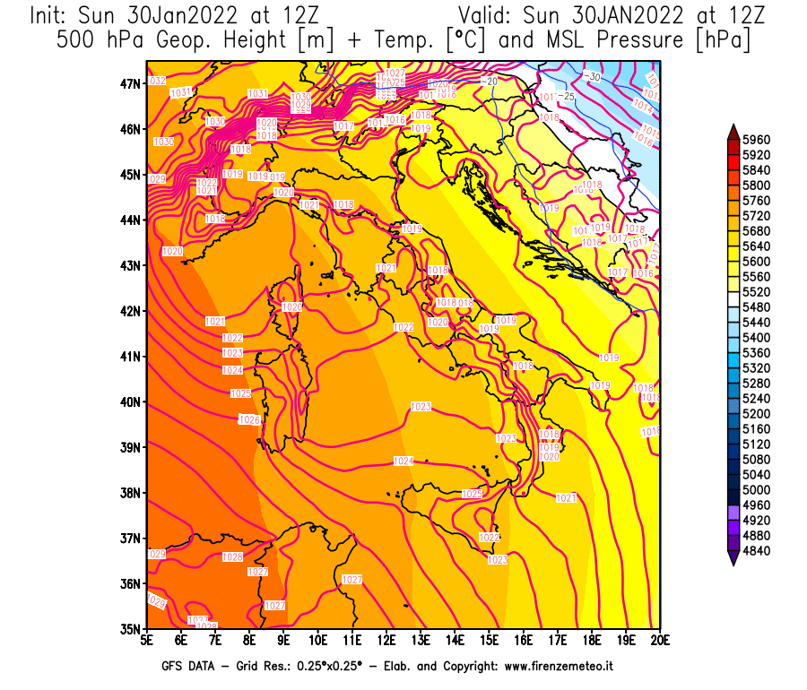 Mappa di analisi GFS - Geopotenziale [m] + Temp. [°C] a 500 hPa + Press. a livello del mare [hPa] in Italia
							del 30/01/2022 12 <!--googleoff: index-->UTC<!--googleon: index-->