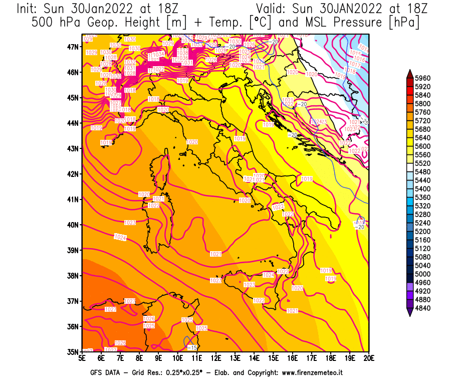 Mappa di analisi GFS - Geopotenziale [m] + Temp. [°C] a 500 hPa + Press. a livello del mare [hPa] in Italia
							del 30/01/2022 18 <!--googleoff: index-->UTC<!--googleon: index-->