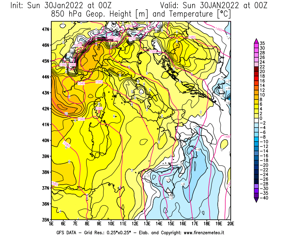 Mappa di analisi GFS - Geopotenziale [m] e Temperatura [°C] a 850 hPa in Italia
							del 30/01/2022 00 <!--googleoff: index-->UTC<!--googleon: index-->