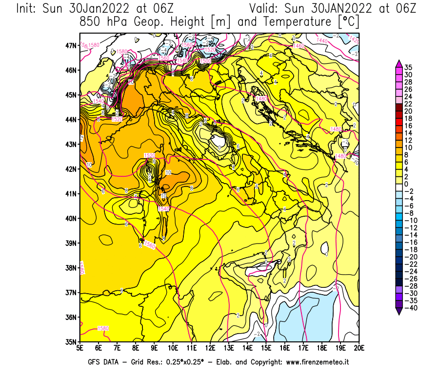 Mappa di analisi GFS - Geopotenziale [m] e Temperatura [°C] a 850 hPa in Italia
							del 30/01/2022 06 <!--googleoff: index-->UTC<!--googleon: index-->