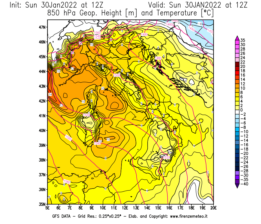 Mappa di analisi GFS - Geopotenziale [m] e Temperatura [°C] a 850 hPa in Italia
							del 30/01/2022 12 <!--googleoff: index-->UTC<!--googleon: index-->