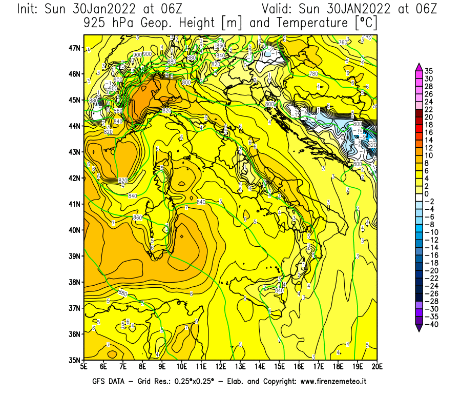 Mappa di analisi GFS - Geopotenziale [m] e Temperatura [°C] a 925 hPa in Italia
							del 30/01/2022 06 <!--googleoff: index-->UTC<!--googleon: index-->