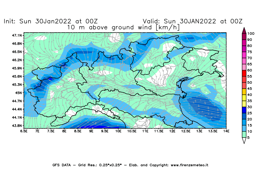 Mappa di analisi GFS - Velocità del vento a 10 metri dal suolo [km/h] in Nord-Italia
							del 30/01/2022 00 <!--googleoff: index-->UTC<!--googleon: index-->