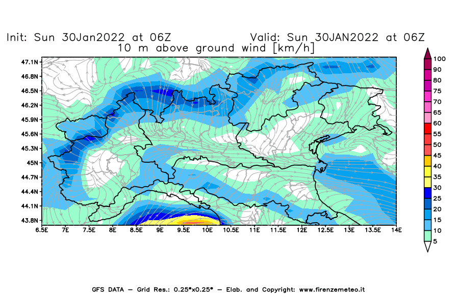 Mappa di analisi GFS - Velocità del vento a 10 metri dal suolo [km/h] in Nord-Italia
							del 30/01/2022 06 <!--googleoff: index-->UTC<!--googleon: index-->