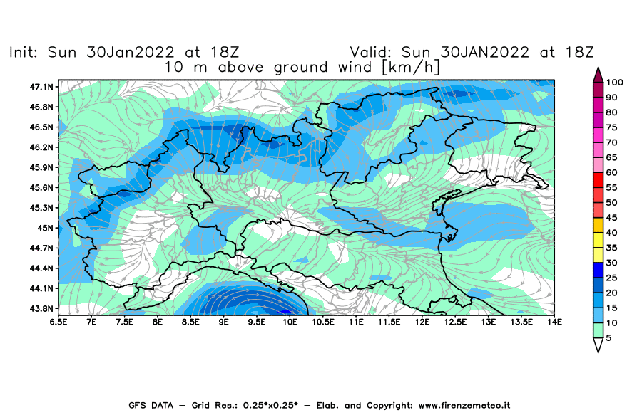 Mappa di analisi GFS - Velocità del vento a 10 metri dal suolo [km/h] in Nord-Italia
							del 30/01/2022 18 <!--googleoff: index-->UTC<!--googleon: index-->