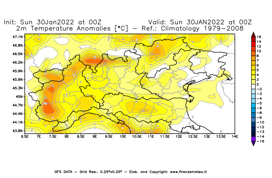 Mappa di analisi GFS - Anomalia Temperatura [°C] a 2 m in Nord-Italia
							del 30/01/2022 00 <!--googleoff: index-->UTC<!--googleon: index-->