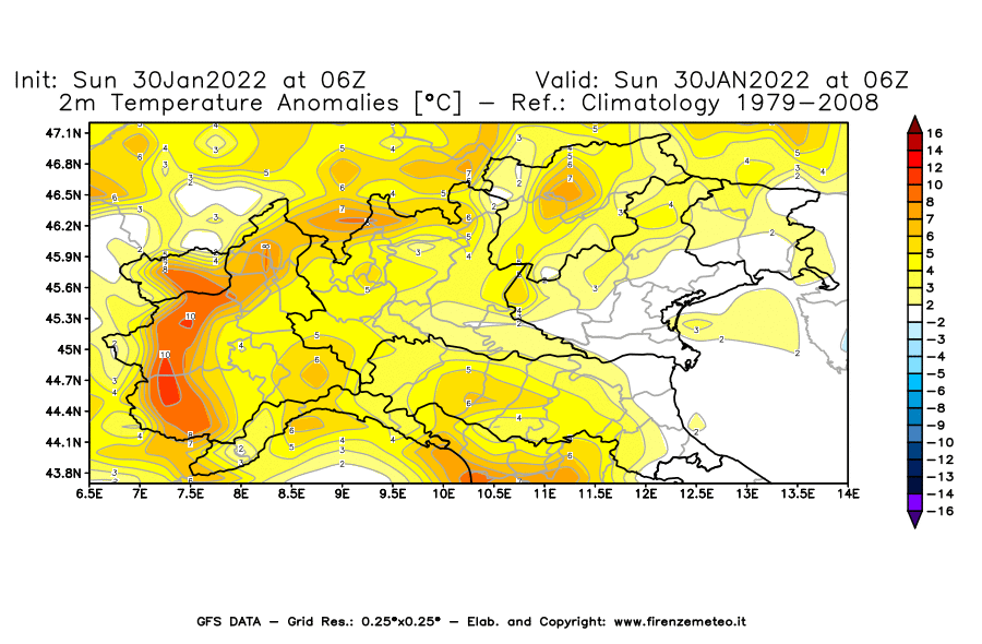 Mappa di analisi GFS - Anomalia Temperatura [°C] a 2 m in Nord-Italia
							del 30/01/2022 06 <!--googleoff: index-->UTC<!--googleon: index-->