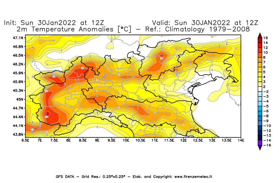 Mappa di analisi GFS - Anomalia Temperatura [°C] a 2 m in Nord-Italia
							del 30/01/2022 12 <!--googleoff: index-->UTC<!--googleon: index-->