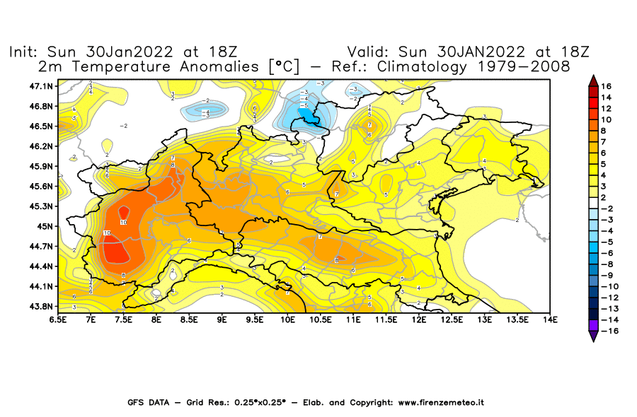 Mappa di analisi GFS - Anomalia Temperatura [°C] a 2 m in Nord-Italia
							del 30/01/2022 18 <!--googleoff: index-->UTC<!--googleon: index-->