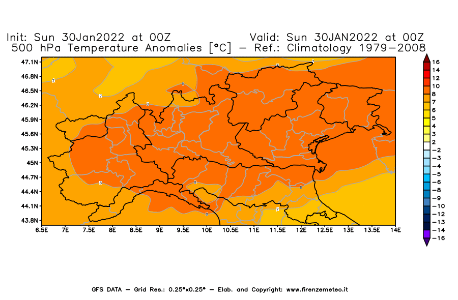 Mappa di analisi GFS - Anomalia Temperatura [°C] a 500 hPa in Nord-Italia
							del 30/01/2022 00 <!--googleoff: index-->UTC<!--googleon: index-->