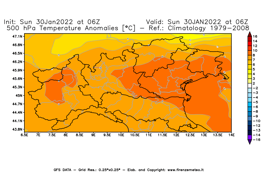 Mappa di analisi GFS - Anomalia Temperatura [°C] a 500 hPa in Nord-Italia
							del 30/01/2022 06 <!--googleoff: index-->UTC<!--googleon: index-->