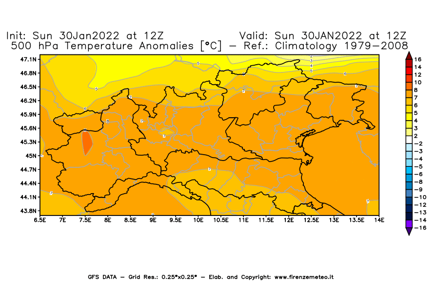 Mappa di analisi GFS - Anomalia Temperatura [°C] a 500 hPa in Nord-Italia
							del 30/01/2022 12 <!--googleoff: index-->UTC<!--googleon: index-->