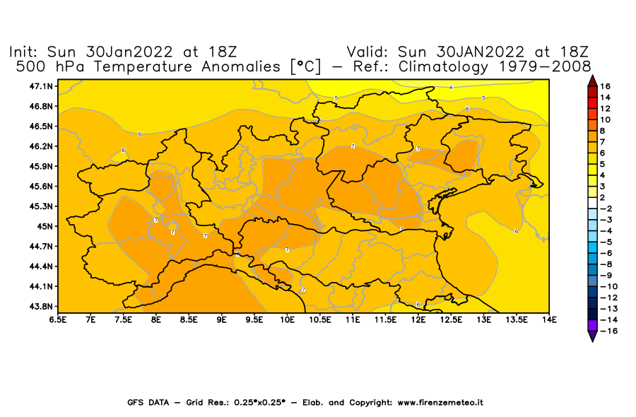 Mappa di analisi GFS - Anomalia Temperatura [°C] a 500 hPa in Nord-Italia
							del 30/01/2022 18 <!--googleoff: index-->UTC<!--googleon: index-->