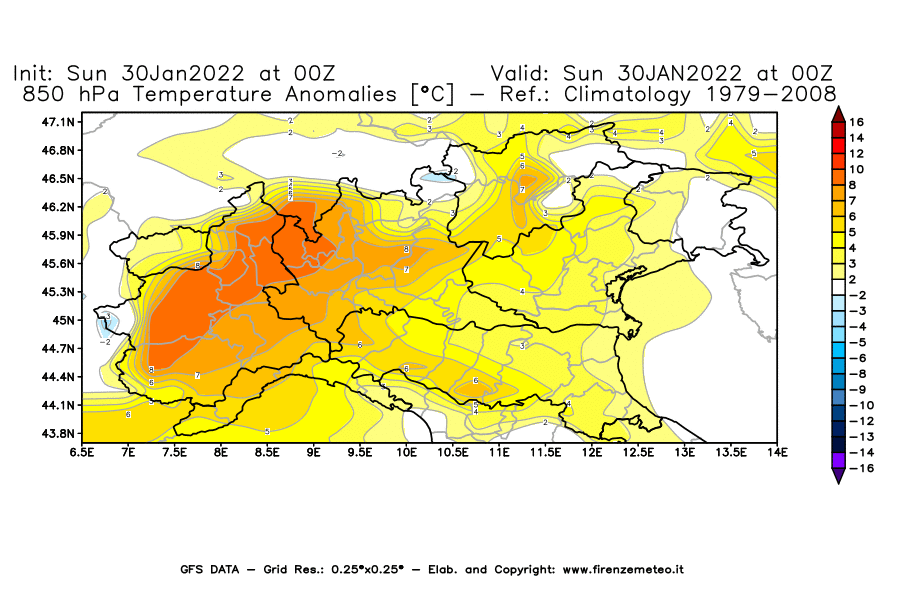 Mappa di analisi GFS - Anomalia Temperatura [°C] a 850 hPa in Nord-Italia
							del 30/01/2022 00 <!--googleoff: index-->UTC<!--googleon: index-->