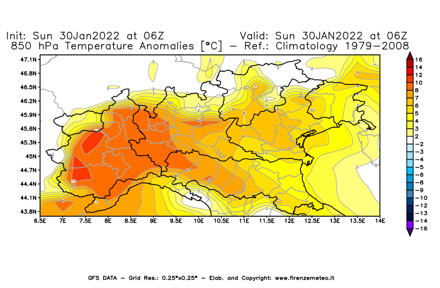 Mappa di analisi GFS - Anomalia Temperatura [°C] a 850 hPa in Nord-Italia
							del 30/01/2022 06 <!--googleoff: index-->UTC<!--googleon: index-->