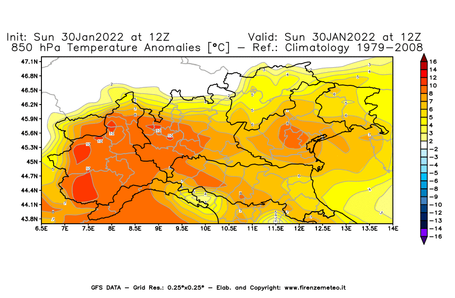 Mappa di analisi GFS - Anomalia Temperatura [°C] a 850 hPa in Nord-Italia
							del 30/01/2022 12 <!--googleoff: index-->UTC<!--googleon: index-->